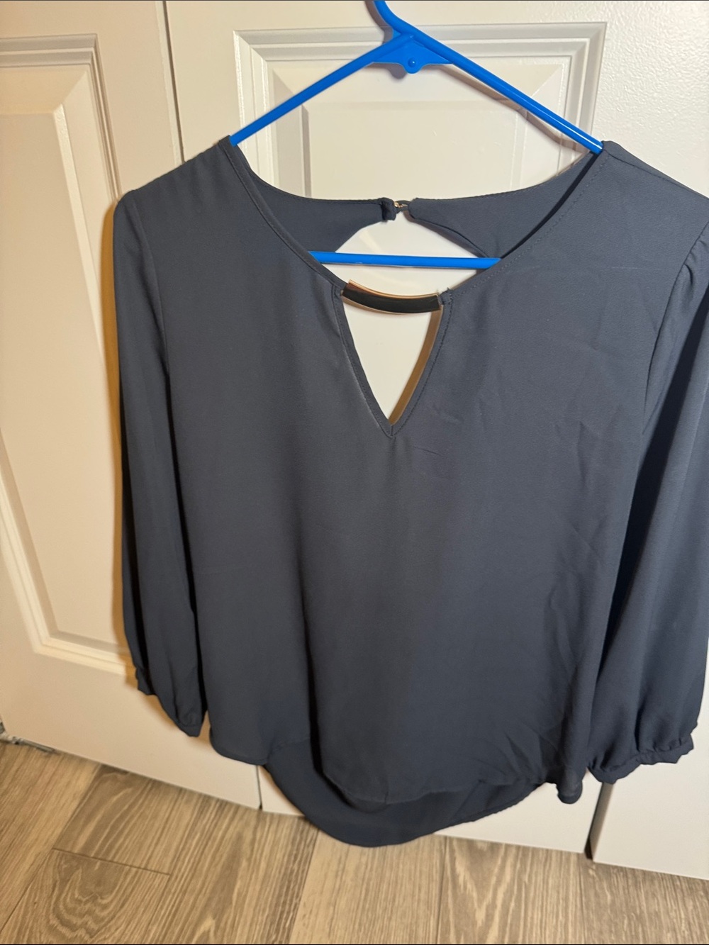 Lily White Charcoal Deep blue Keyhole Blouse with Gold Accent
